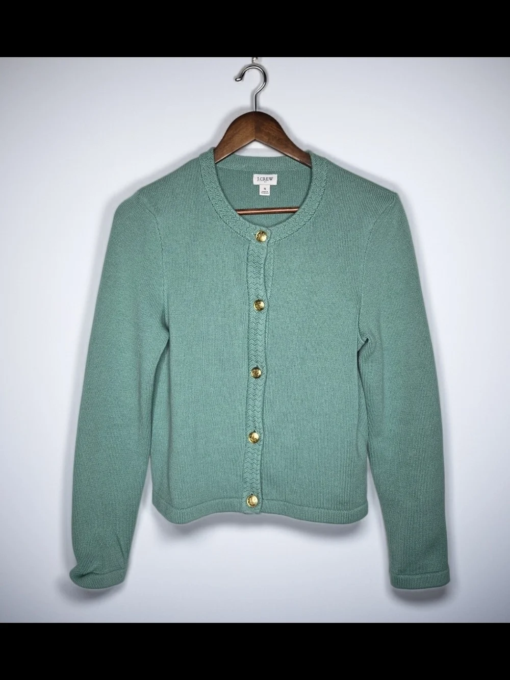 J.Crew Emilie Mint Sage Green Cotton Blend Lady Sweater Cardigan Gold Button S
